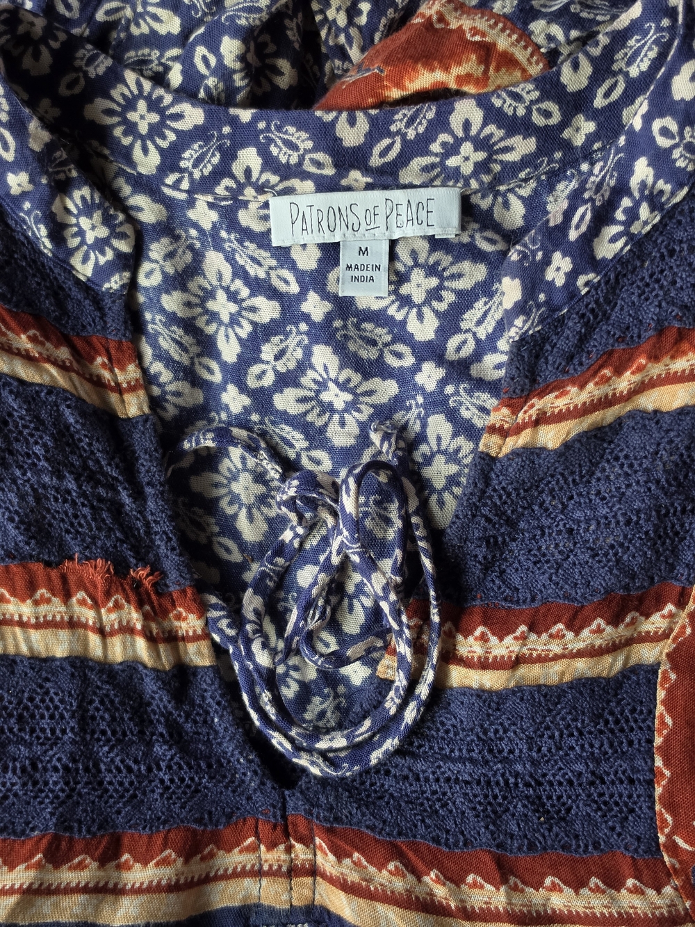 PATRONS OF PEACE Navy Floral & Rust-Patterned Tie-Front Tunic Mini Dress Medium
